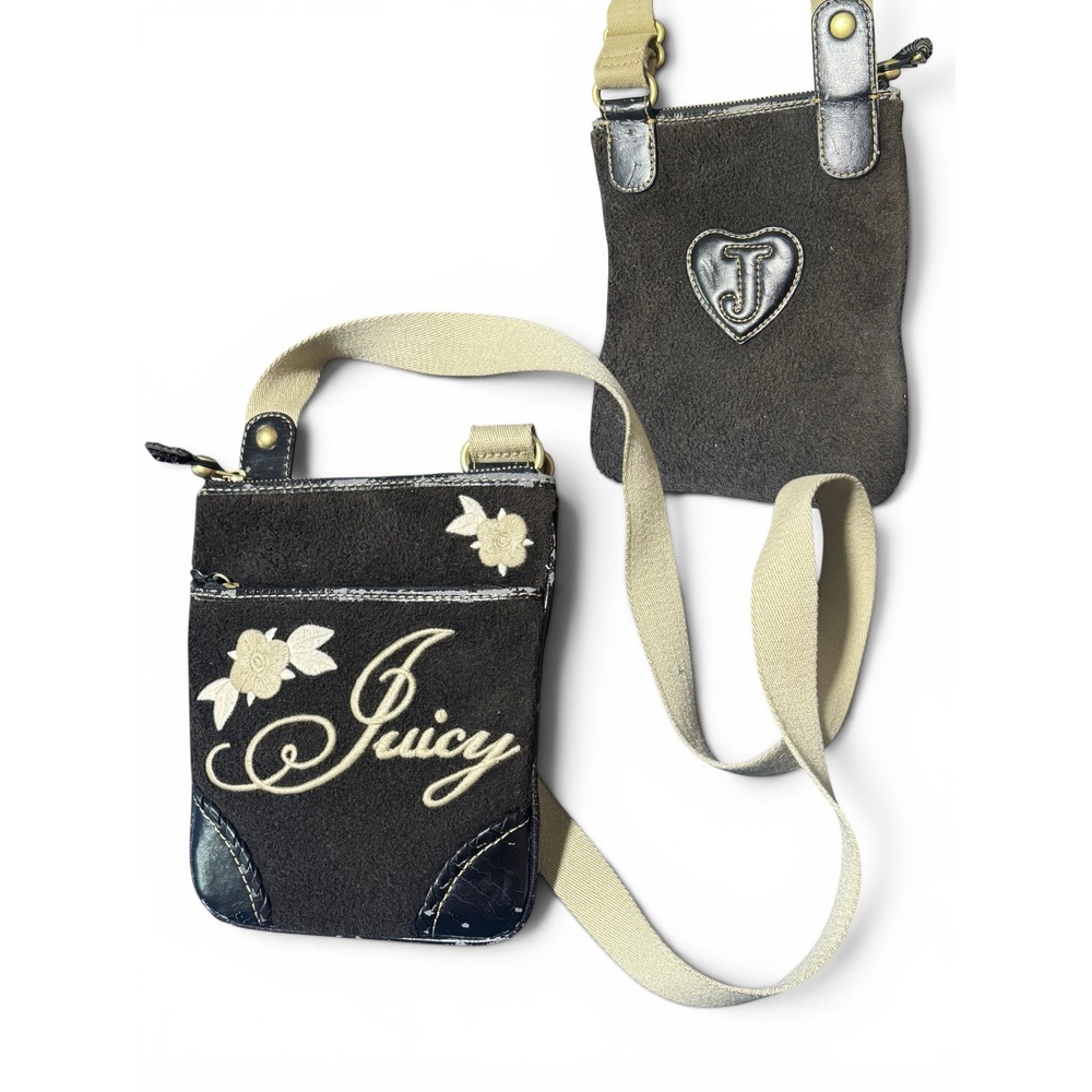 Juicy Couture VTG Y2k Brown Velour Crossbody Bag Mcbling Floral Heart J Purse
